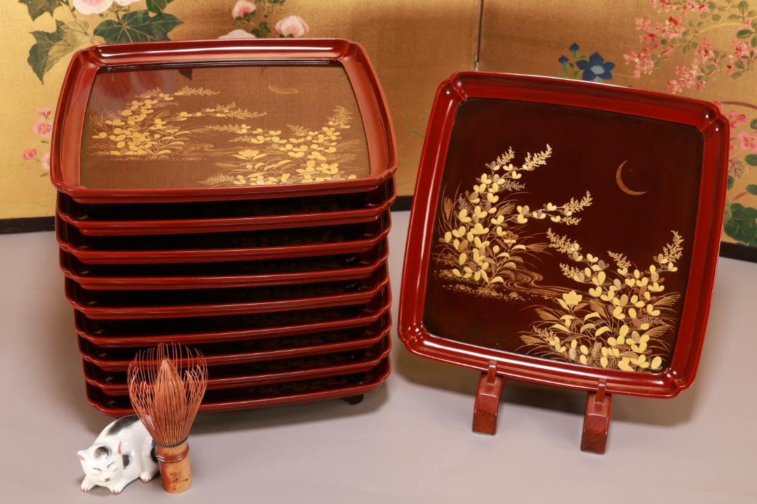 BJ062 木製漆器　萩野月蒔絵　吸物盆　吸物膳　十客　絵違い　図替わり　共箱