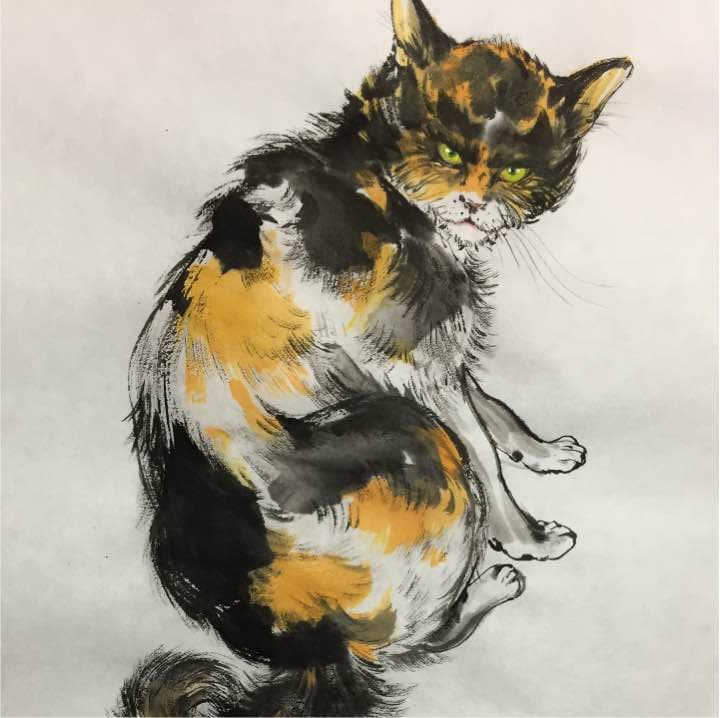 振り向く三毛猫、和紙25,4см×36,4cm