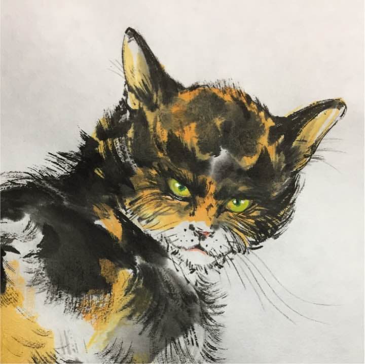 振り向く三毛猫、和紙25,4см×36,4cm