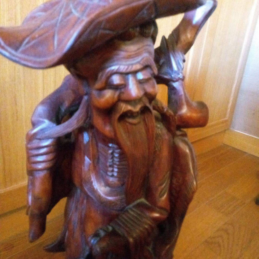 アンティーク木製老人像 大きな帽子と杖付き