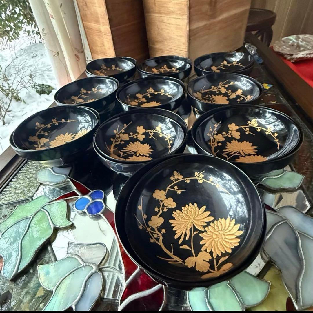 2234様感謝‼️かろやかJAPAN時代蒔絵 豪華四君子富士山形吸物椀　春蘭7客