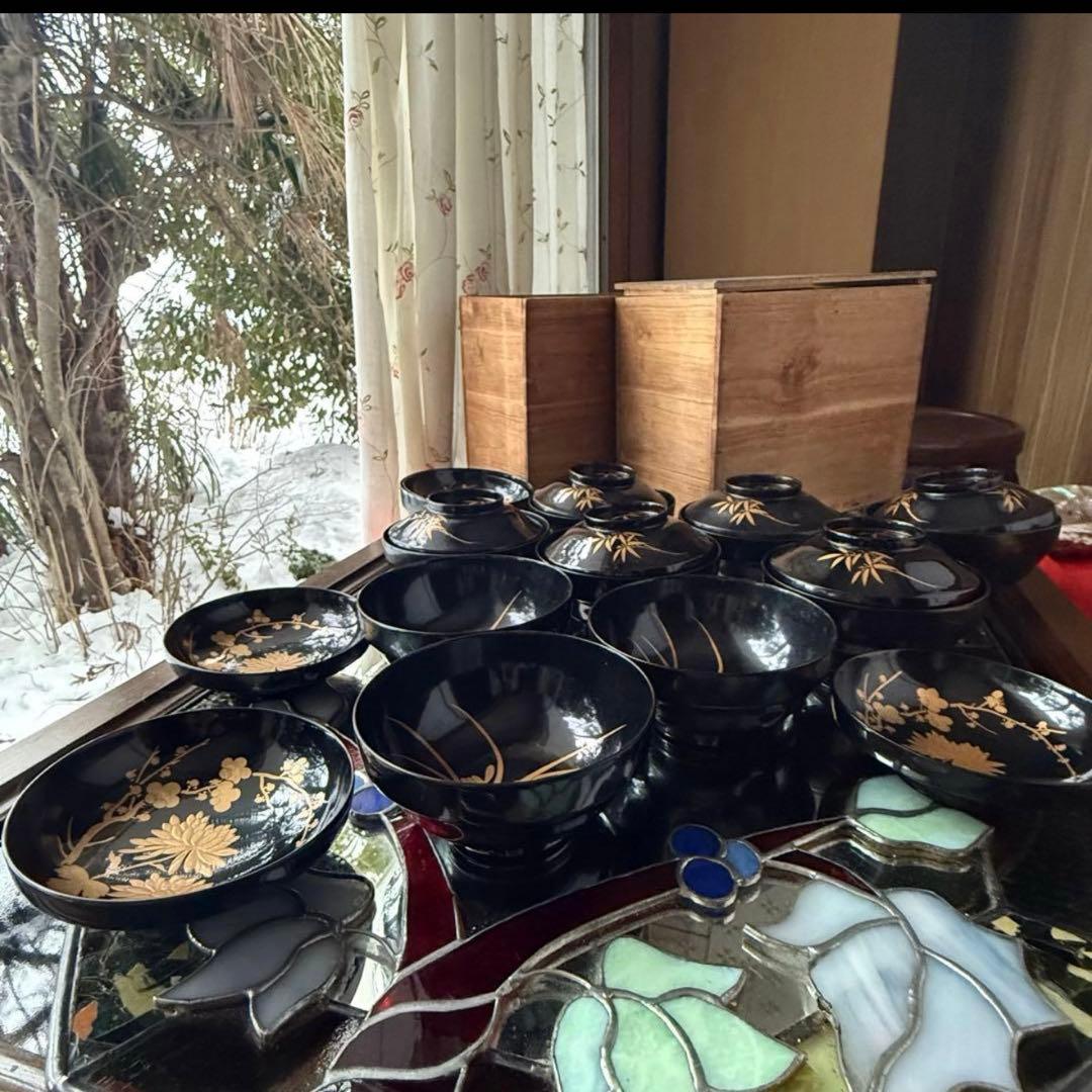 2234様感謝‼️かろやかJAPAN時代蒔絵 豪華四君子富士山形吸物椀　春蘭7客