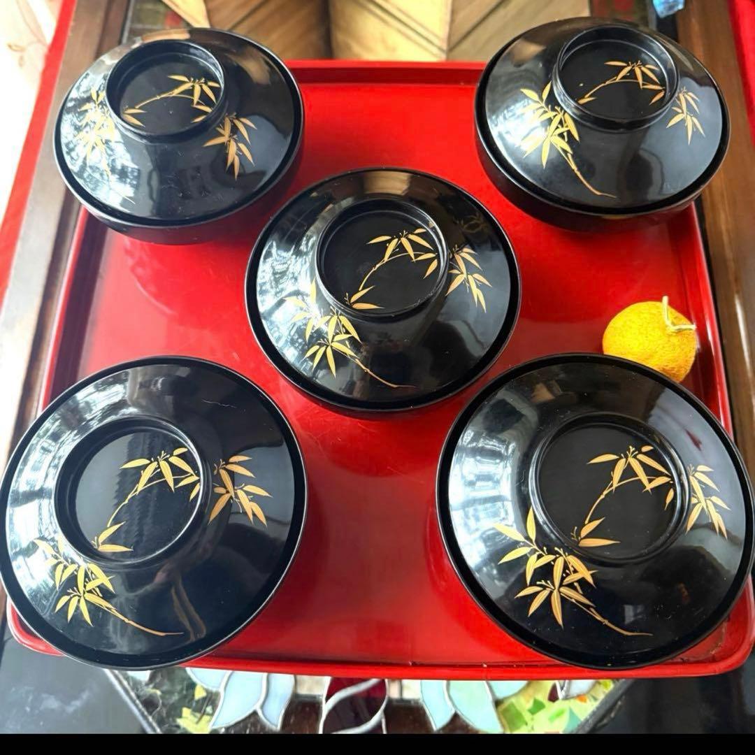 2234様感謝‼️かろやかJAPAN時代蒔絵 豪華四君子富士山形吸物椀　春蘭7客