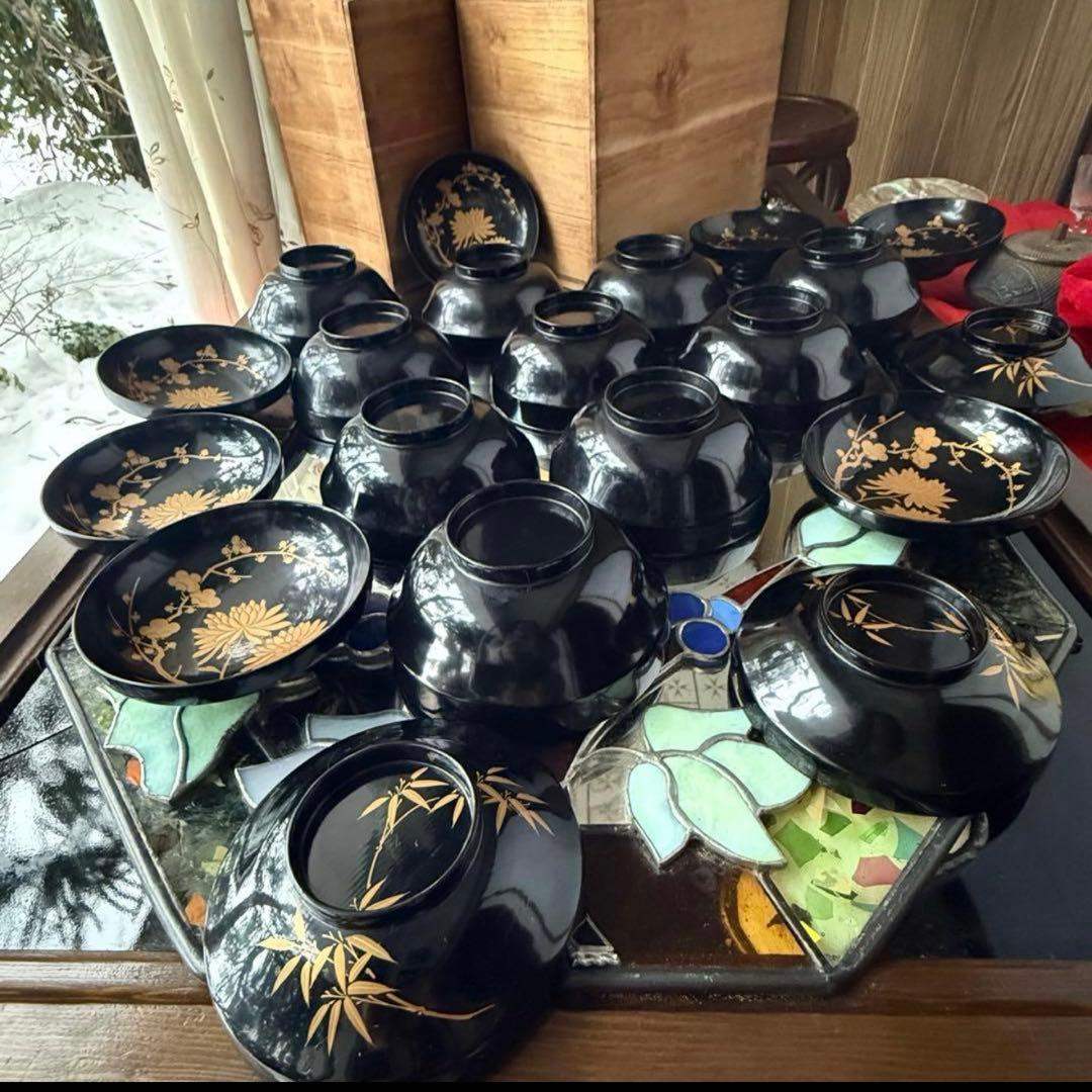 2234様感謝‼️かろやかJAPAN時代蒔絵 豪華四君子富士山形吸物椀　春蘭7客