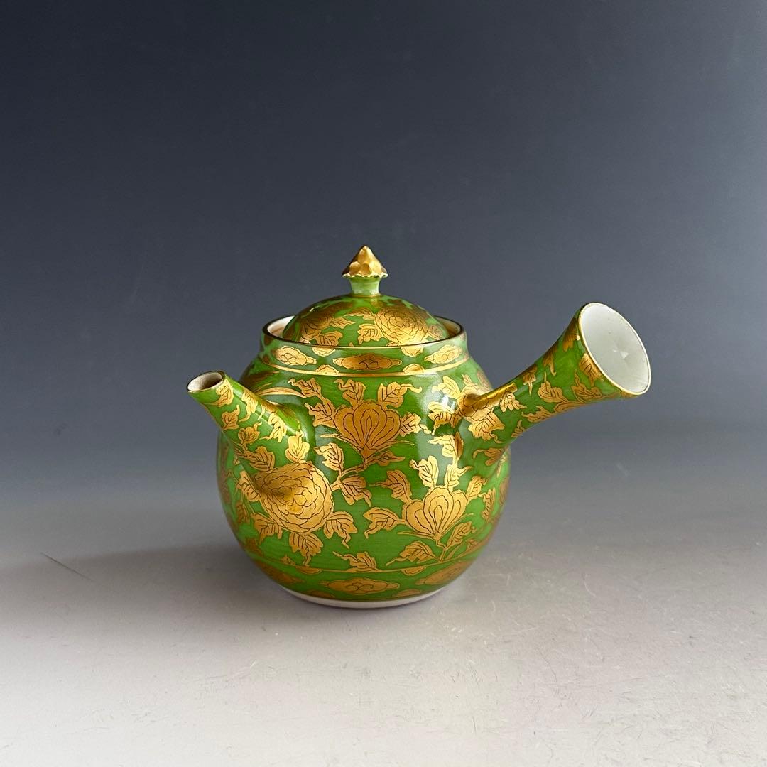 煎茶道具　萌黄金彩　花鳥紋　急須　平安　清昌　共箱　京焼　茶器　金襴手　茶瓶