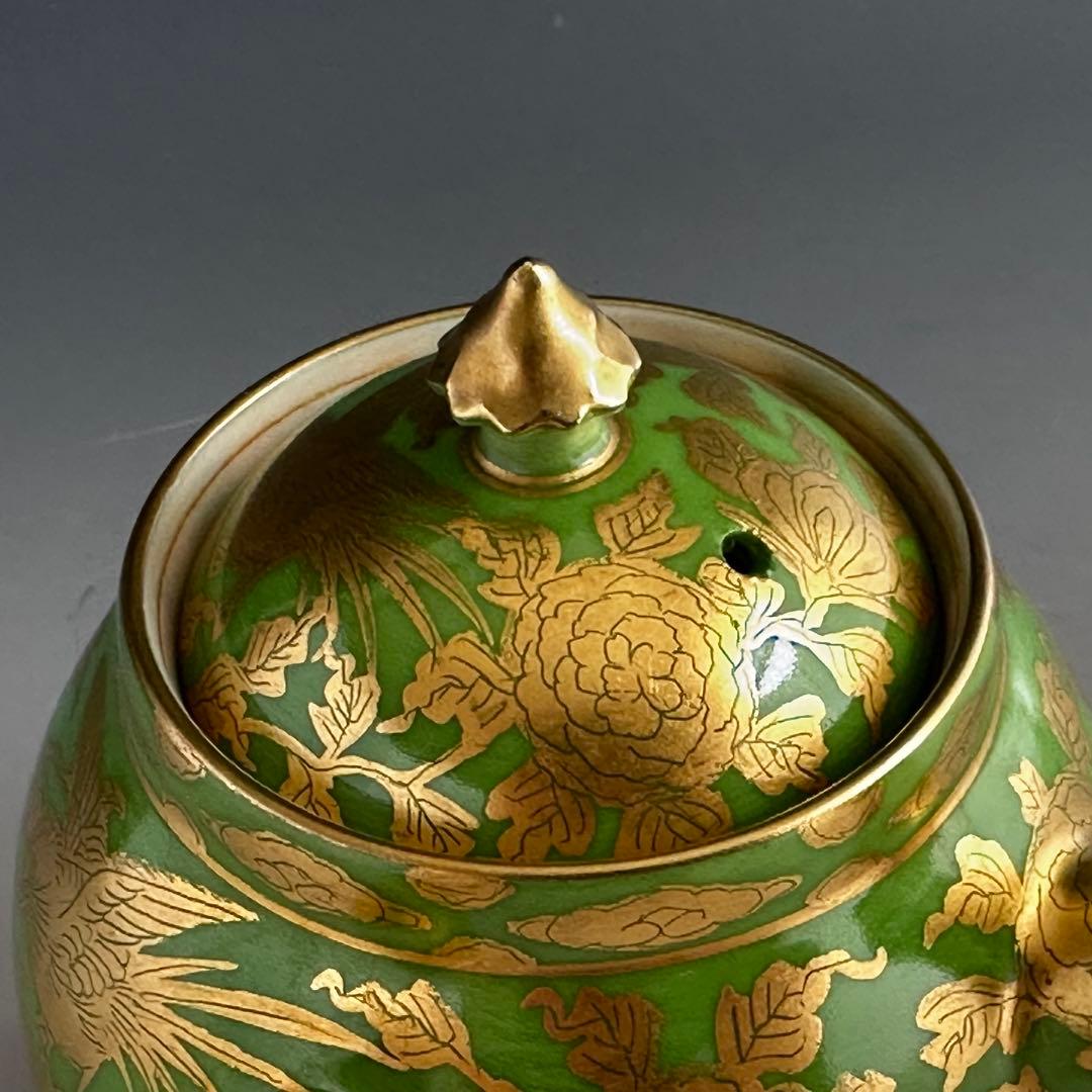 煎茶道具　萌黄金彩　花鳥紋　急須　平安　清昌　共箱　京焼　茶器　金襴手　茶瓶