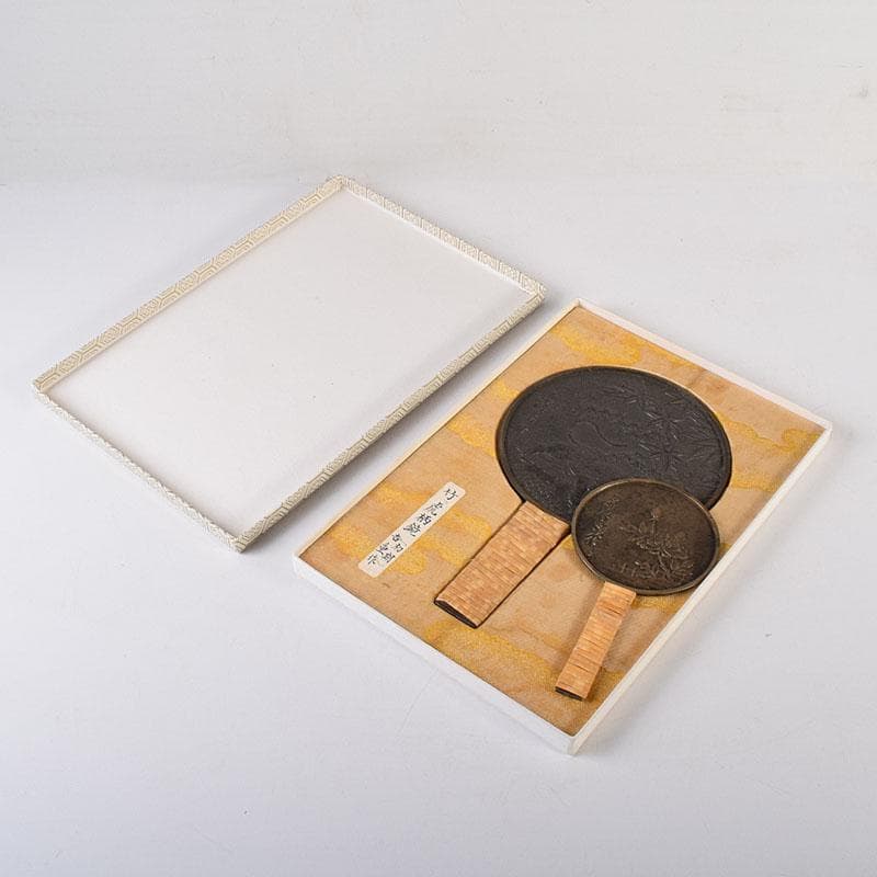 古銅青銅　藤原吉重造　竹虎図　藤原定次造　花図　銅鏡　柄鏡　2点　V　R8011