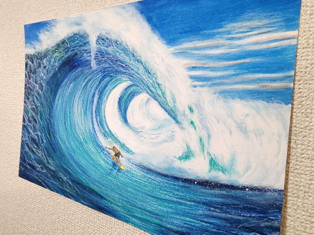 海の絵　サーフィン　パステル画