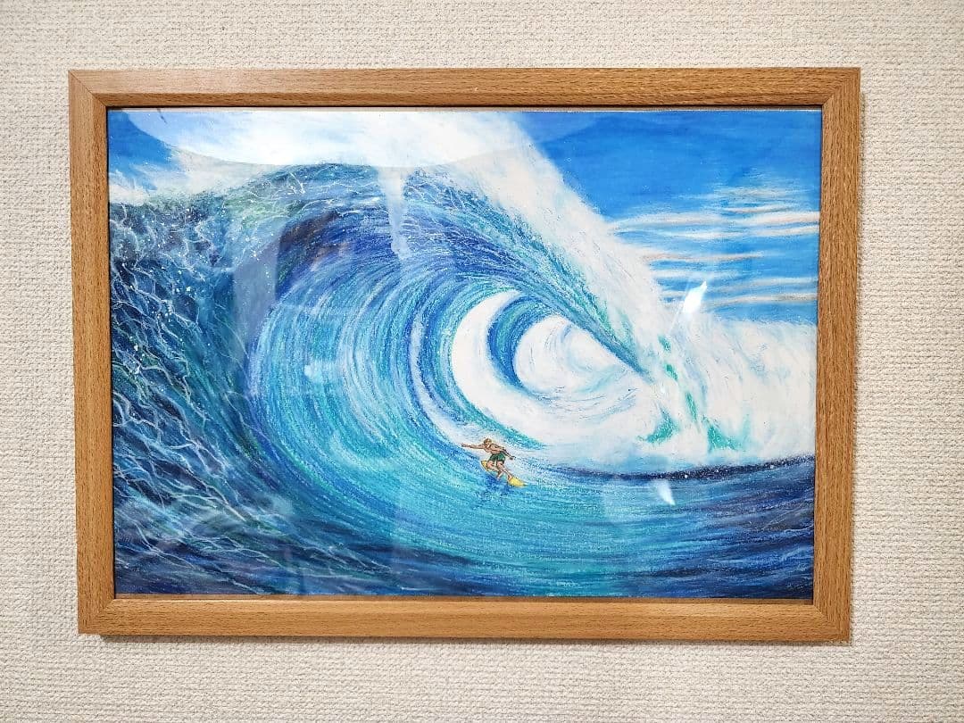 海の絵　サーフィン　パステル画
