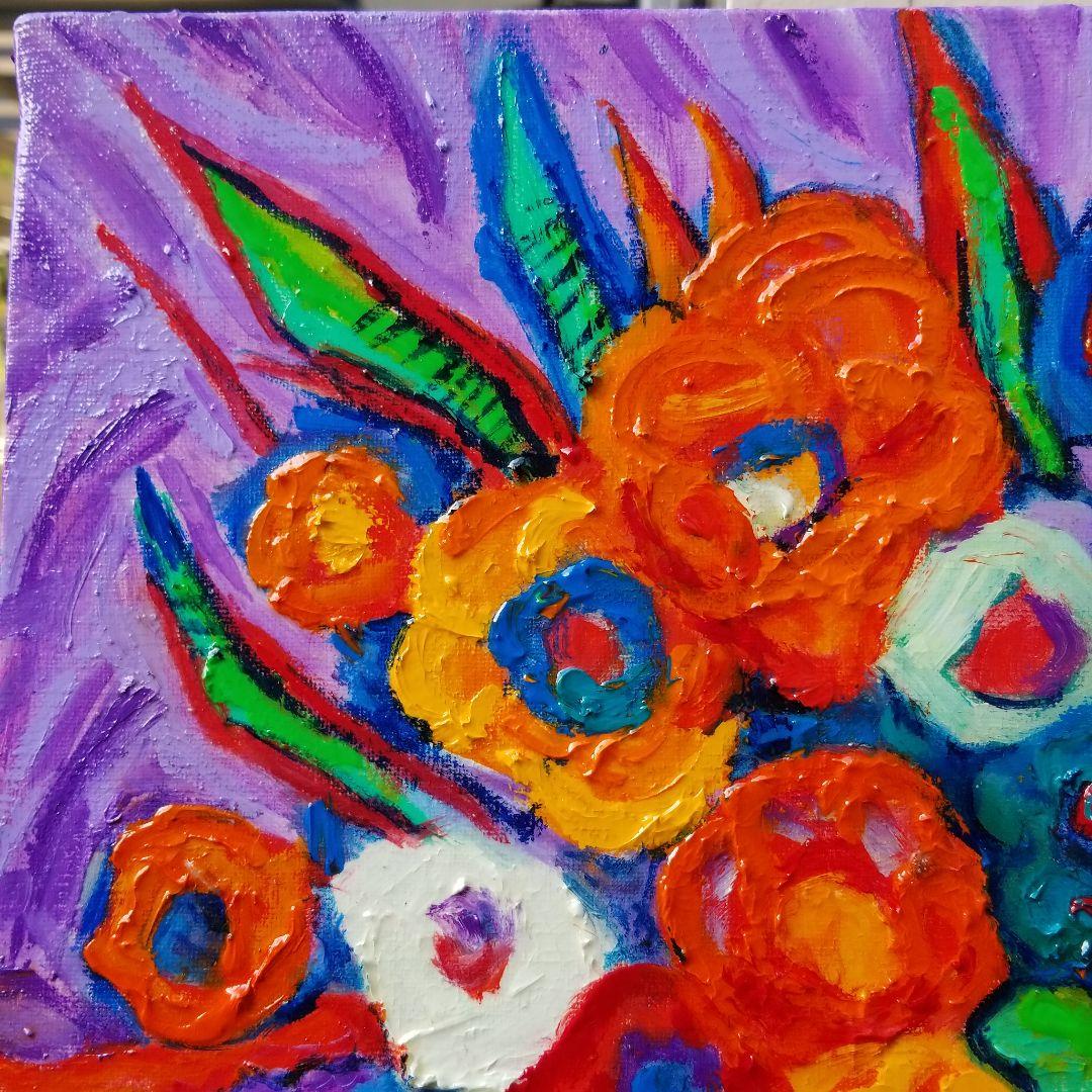 油絵　専用　赤いテーブルに置いた花瓶のお花　 抽象画