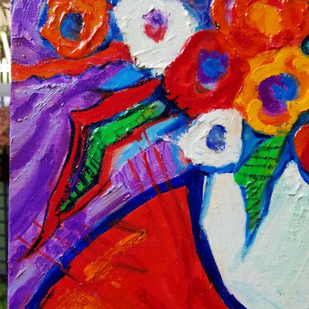 油絵　専用　赤いテーブルに置いた花瓶のお花　 抽象画