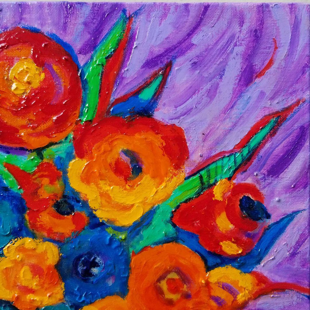 油絵　専用　赤いテーブルに置いた花瓶のお花　 抽象画