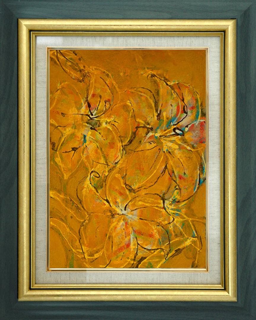 油絵 菅家令子 絵 絵画インテリア額付(青緑＋金色の枠) F4-090316ゆり