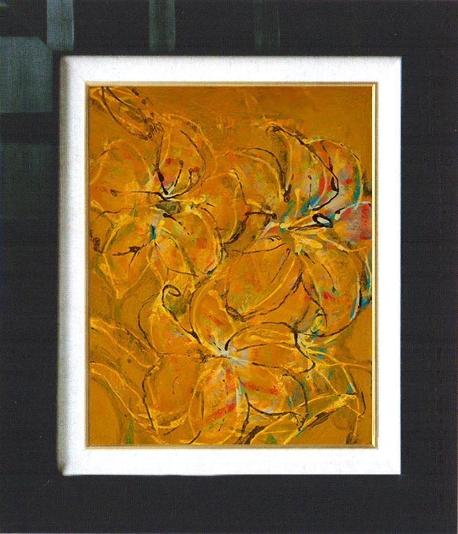 油絵 菅家令子 絵 絵画インテリア額付(青緑＋金色の枠) F4-090316ゆり