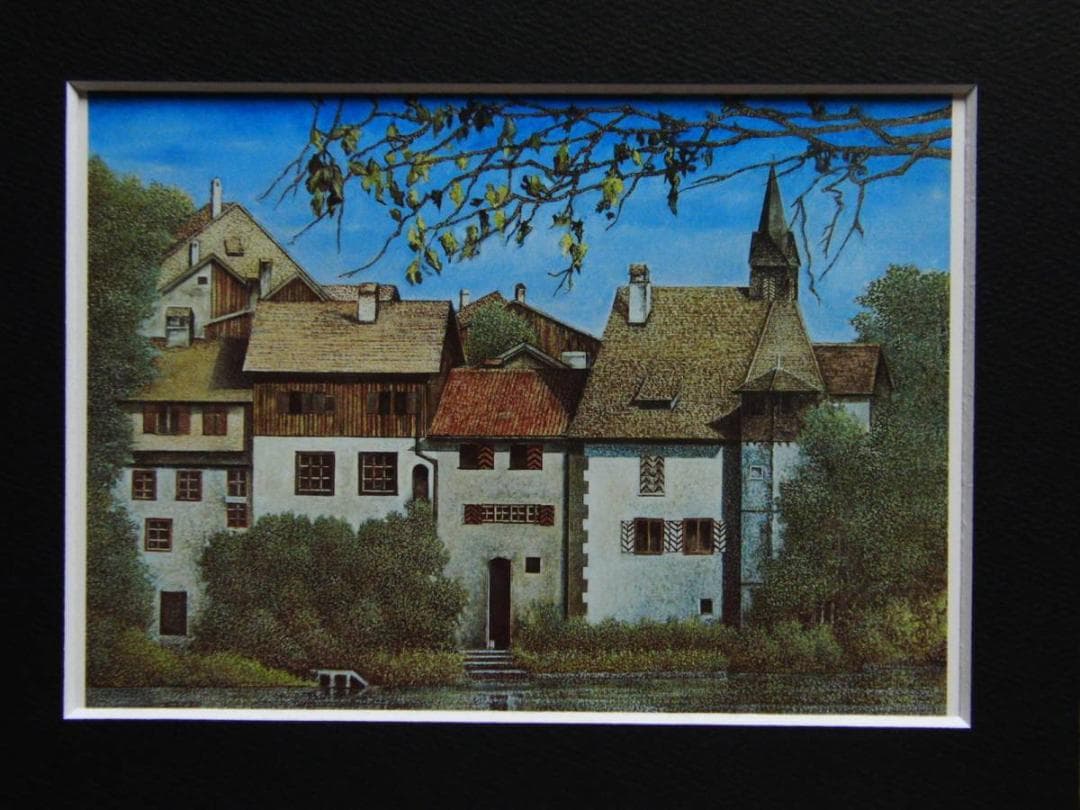 桑島春彦、水辺の春、希少画集画、新品高級額・額装付、状態良好