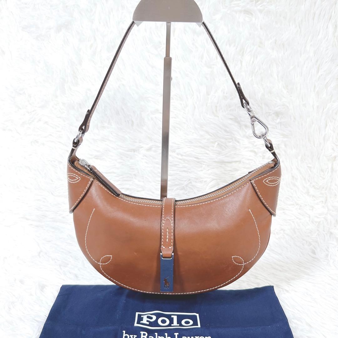 極美品✨ポロラルフローレン Polo ID カーフスキン ハンドバッグ 三日月