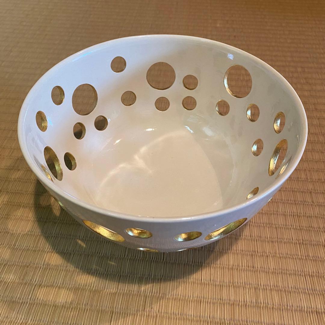 中村翠嵐　菓子器　白交趾　水玉透　新古品　白　金　菓子鉢