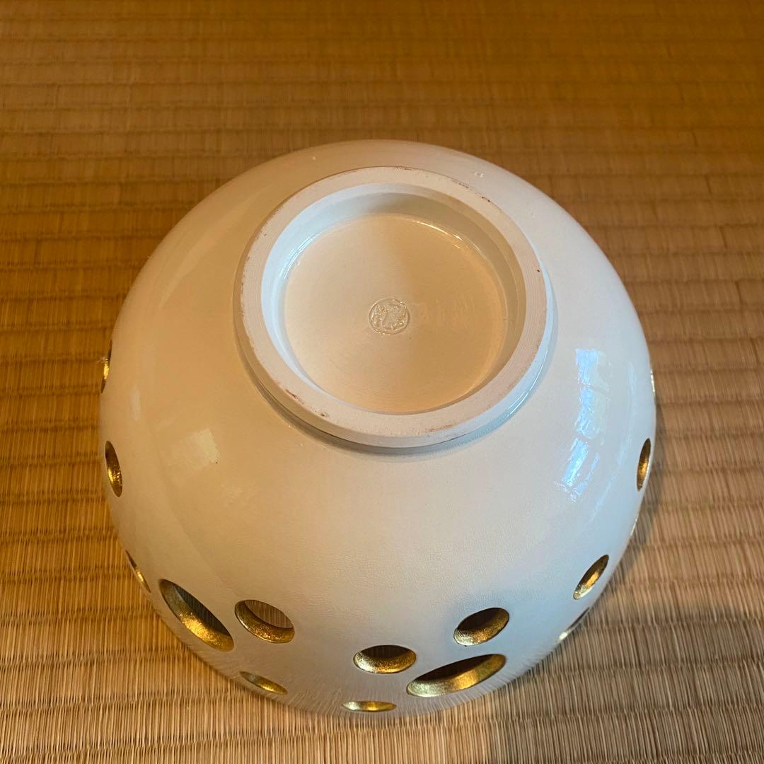 中村翠嵐　菓子器　白交趾　水玉透　新古品　白　金　菓子鉢