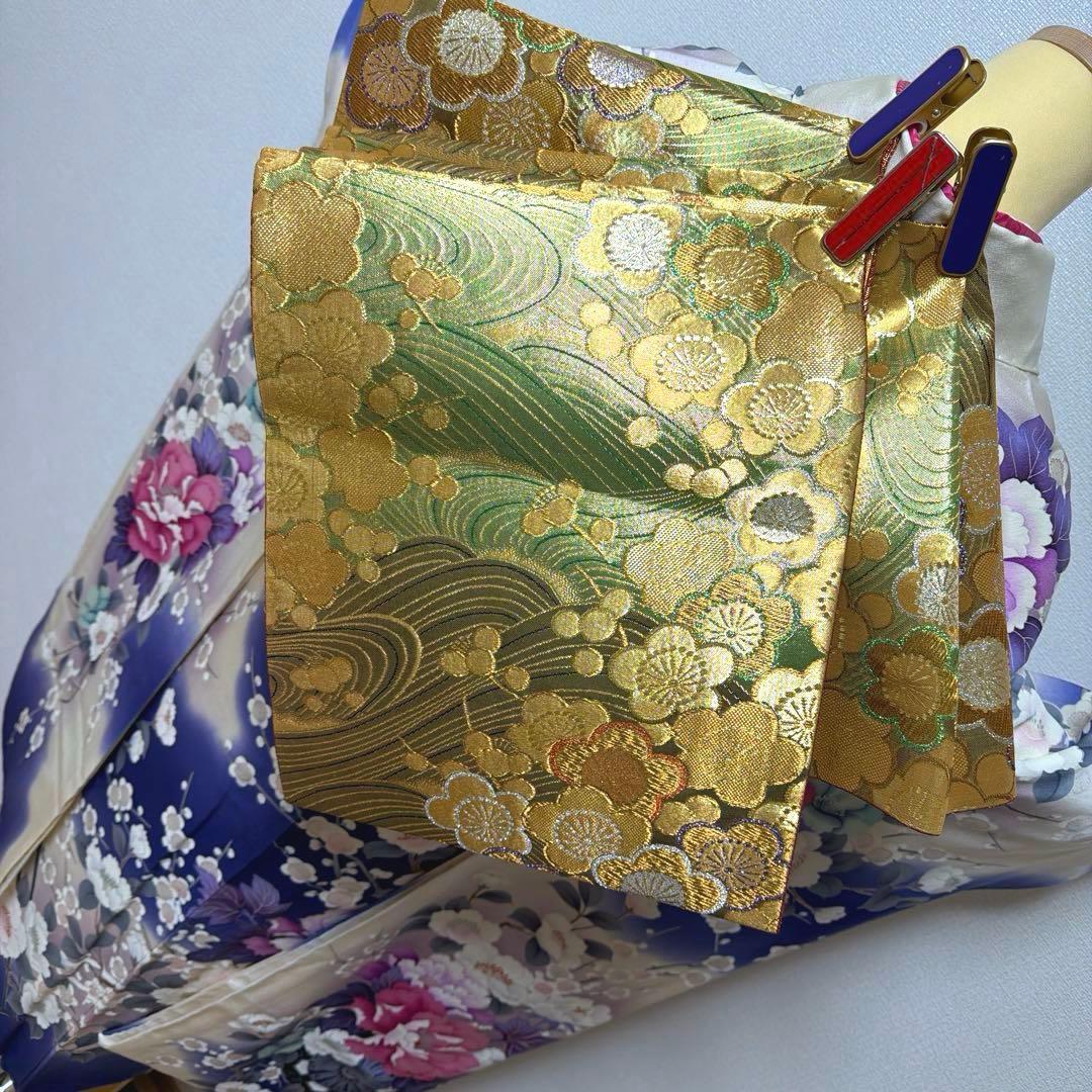 20 振袖フルセット 正絹 ブルー 青紫 赤紫 銀彩 刺繍 暈し染め 華やか