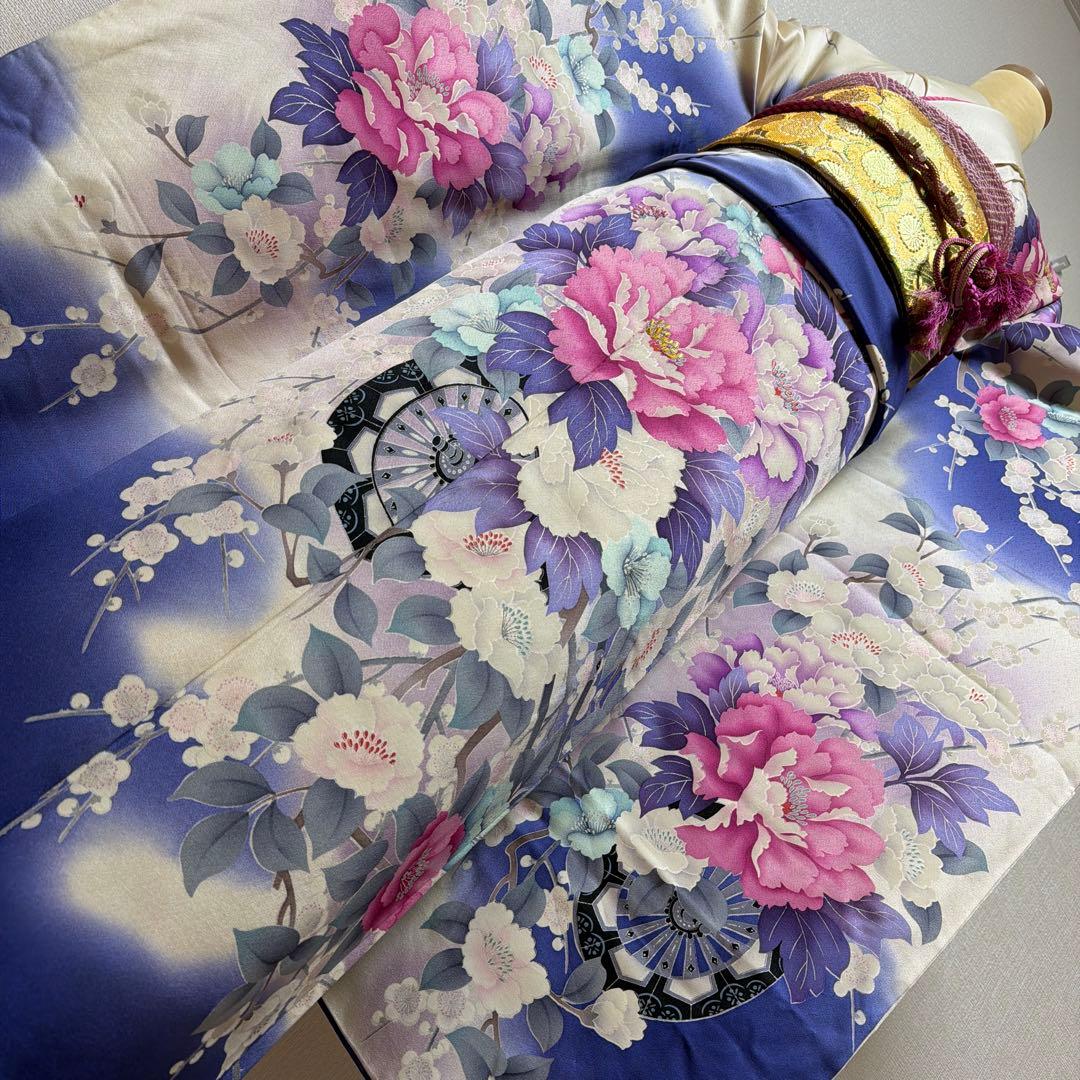 20 振袖フルセット 正絹 ブルー 青紫 赤紫 銀彩 刺繍 暈し染め 華やか