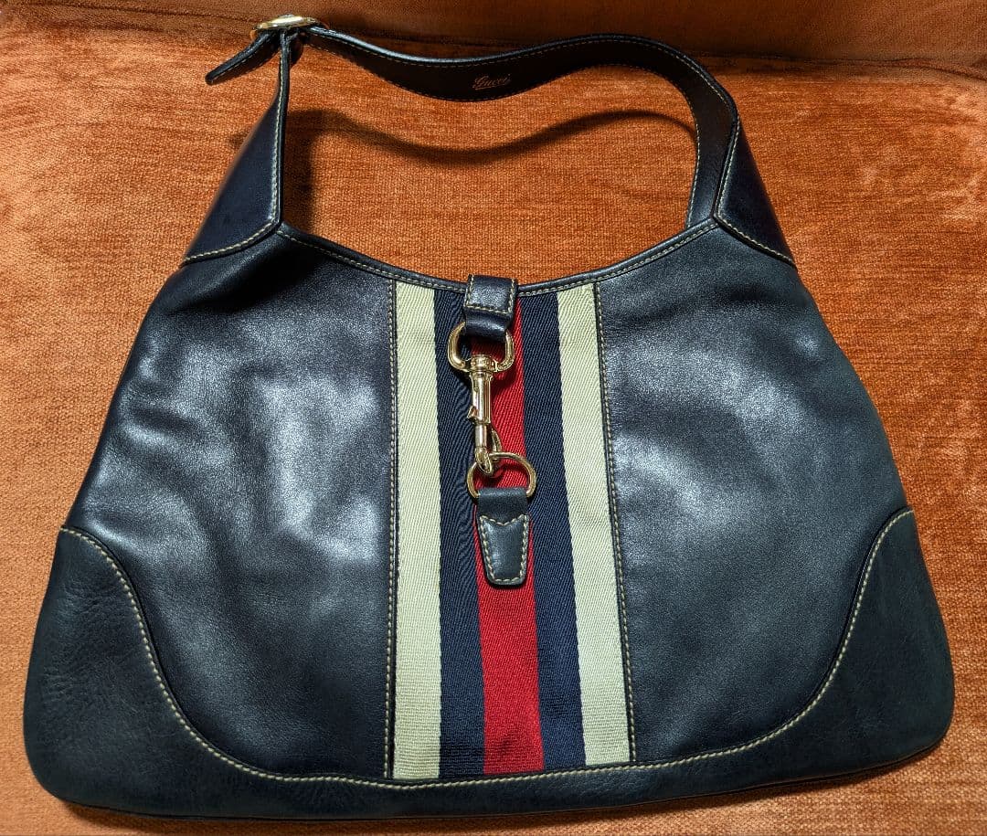 グッチ ネイビー レザー ショルダーバッグ ヴィンテージ (未使用)