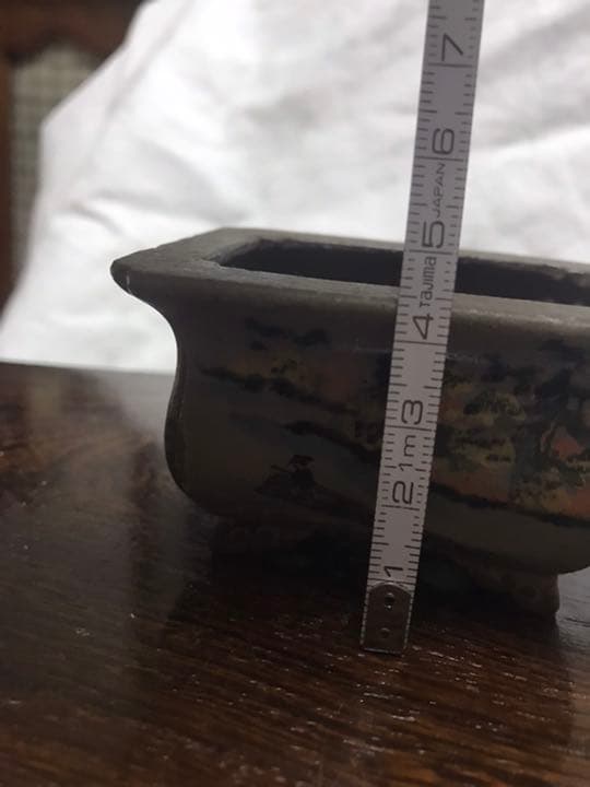 盆栽鉢　時代希少名工陶翠絵付け五彩色隅入り袋長方鉢泥鉢ミニ盆栽鉢豆鉢高級鉢木箱入