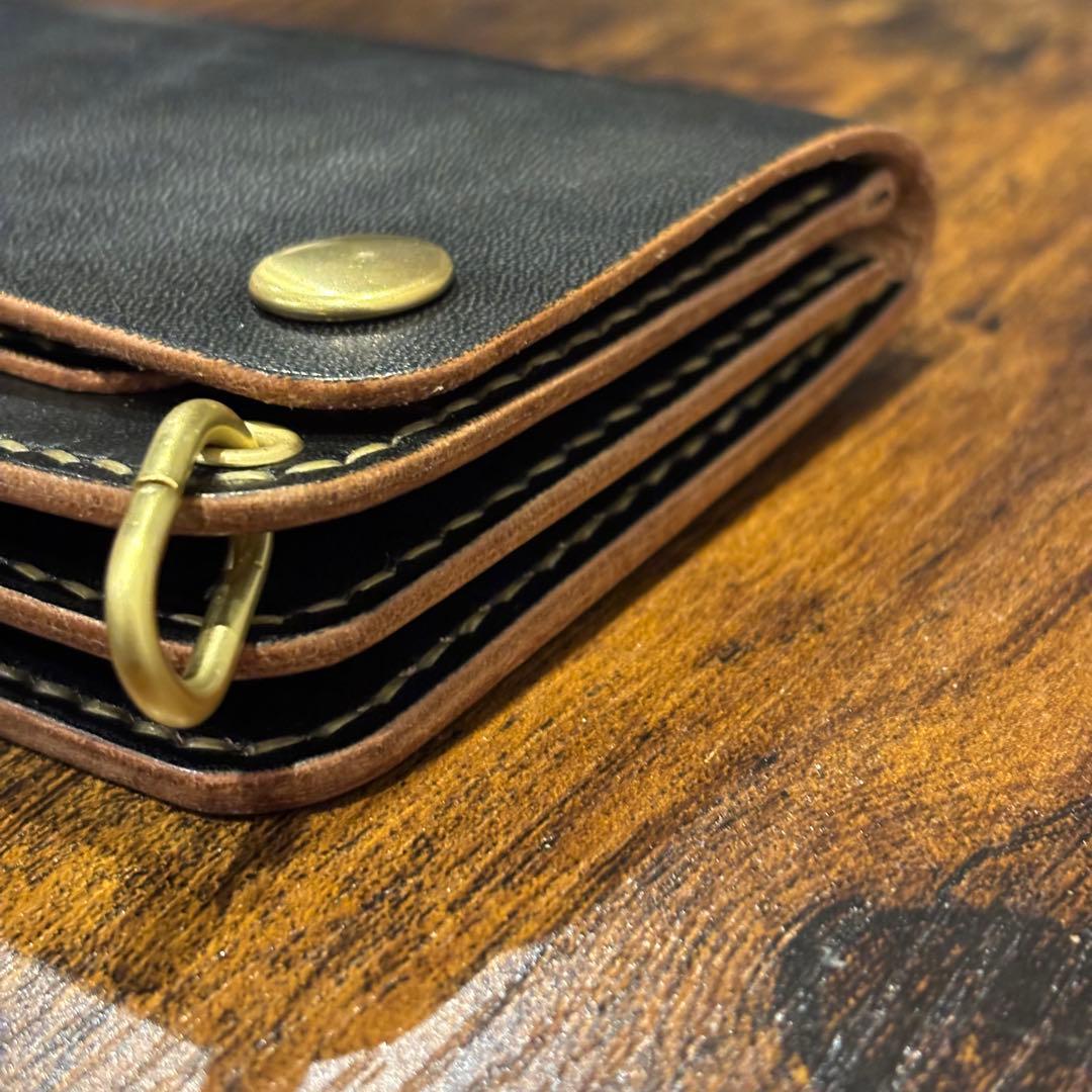 栃木レザー　ミドル　トラッカーウォレット　茶芯ブラック　3層