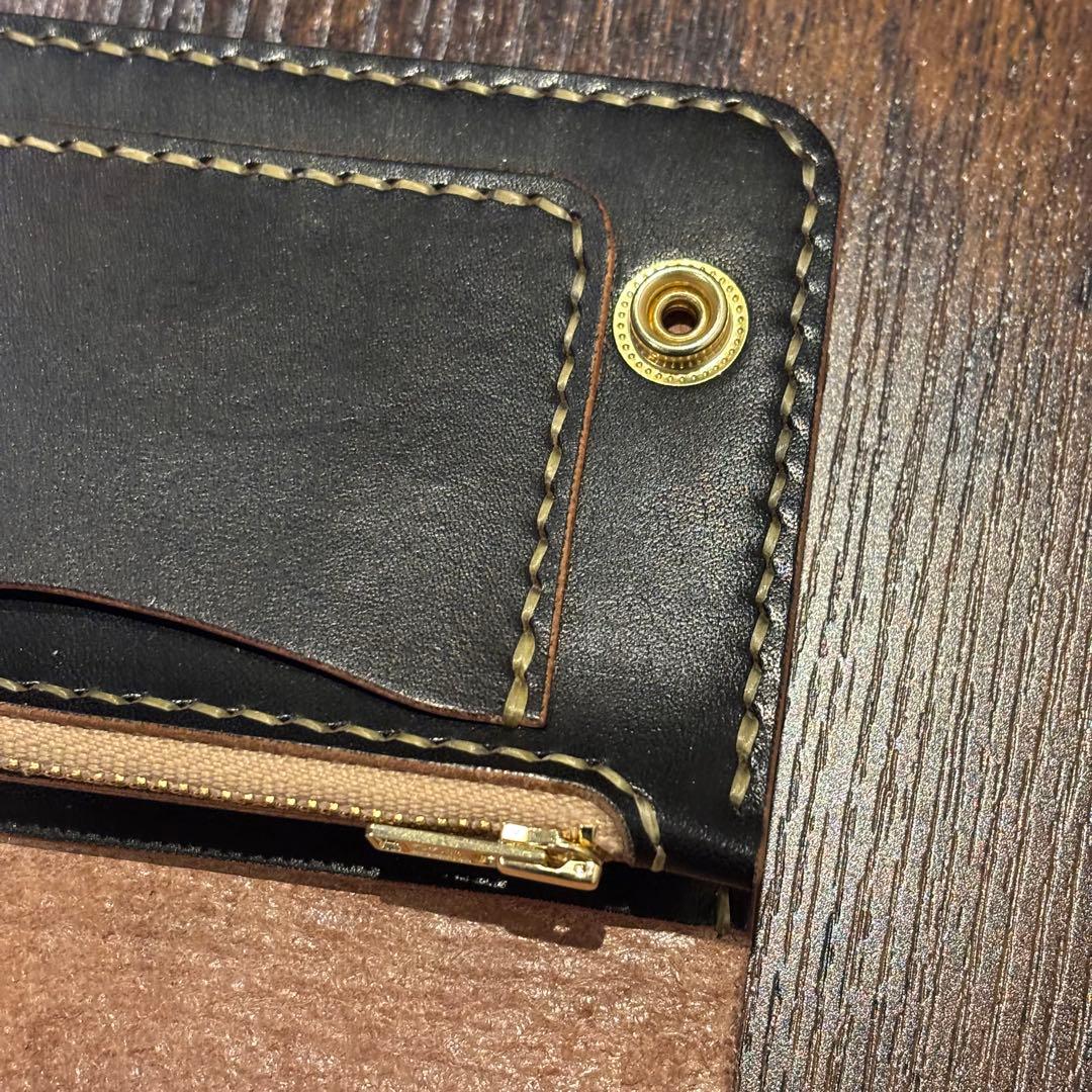 栃木レザー　ミドル　トラッカーウォレット　茶芯ブラック　3層