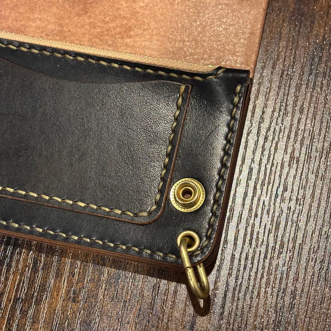 栃木レザー　ミドル　トラッカーウォレット　茶芯ブラック　3層