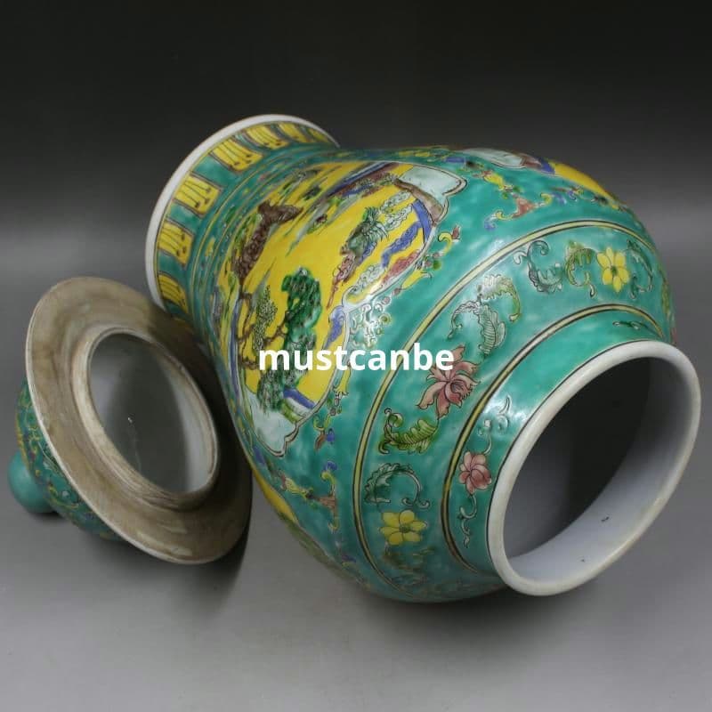 清康熙緑地粉彩人物松鶴将軍缶 景徳鎮 陶磁器 装飾品 現代工芸品 美術品 置物