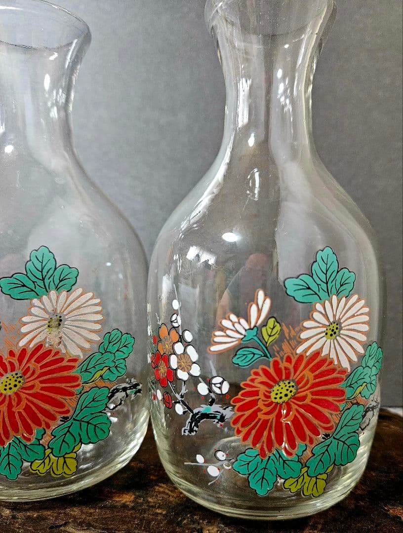 時代物❗昭和戦前頃　古硝子　ガラス絵　 菊花に梅花図　酒徳利一対　酒器