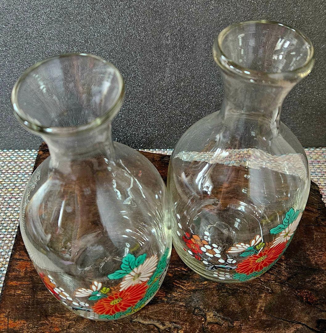 時代物❗昭和戦前頃　古硝子　ガラス絵　 菊花に梅花図　酒徳利一対　酒器
