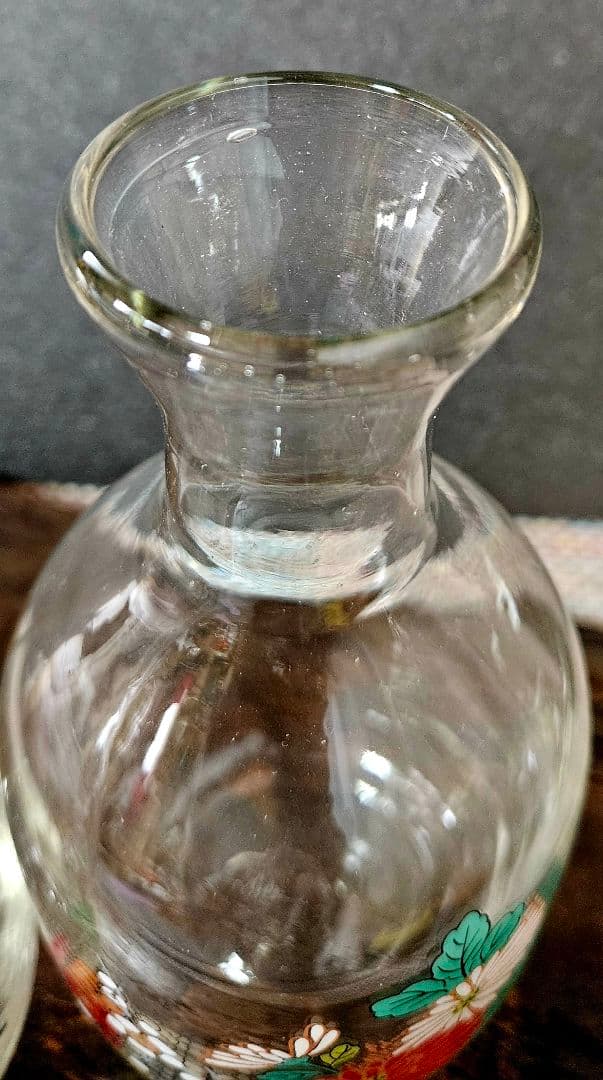 時代物❗昭和戦前頃　古硝子　ガラス絵　 菊花に梅花図　酒徳利一対　酒器