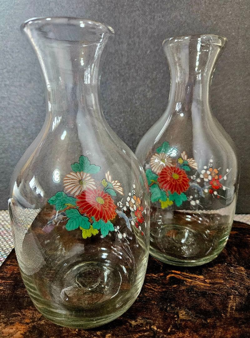 時代物❗昭和戦前頃　古硝子　ガラス絵　 菊花に梅花図　酒徳利一対　酒器