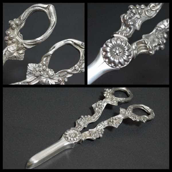 英国アンティークシルバープレート製グレープシザー 葡萄ハサミ金工細工浮彫 葡萄紋