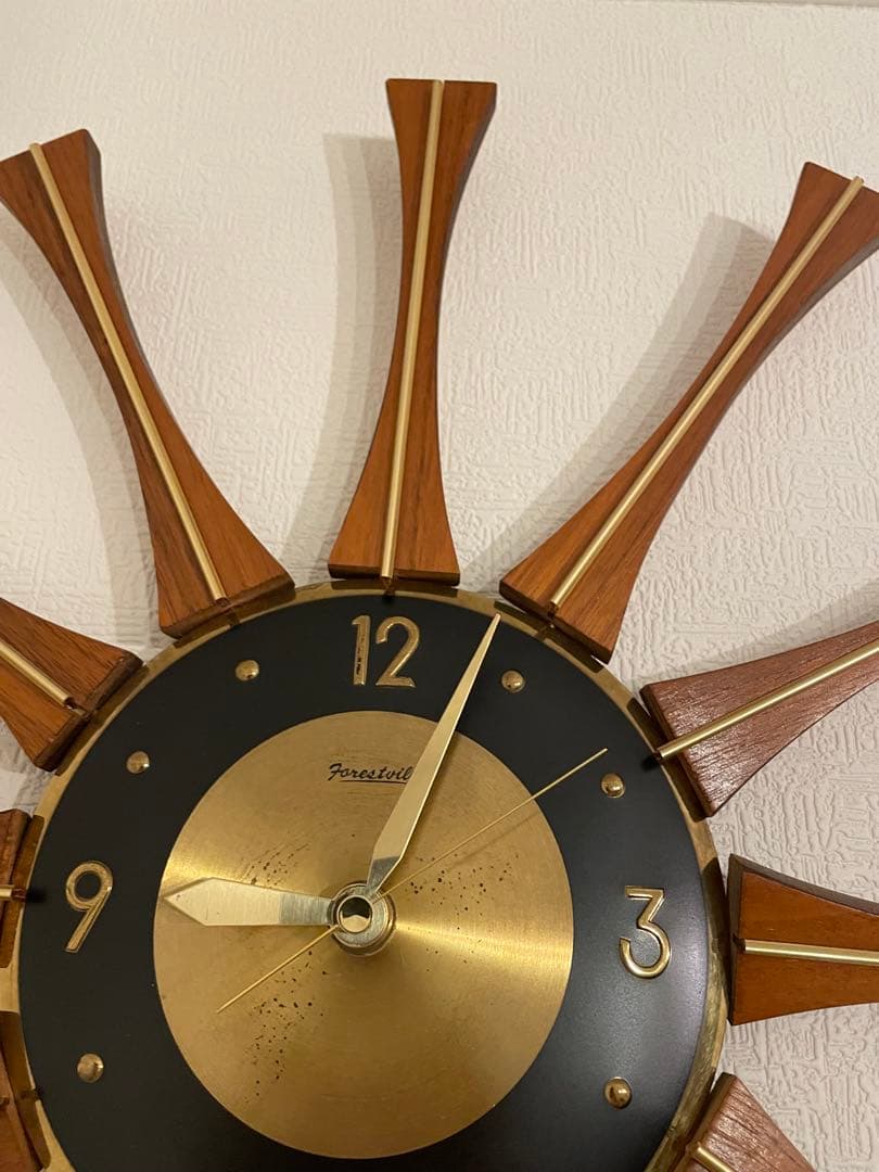 米国 フォレストビル チーク材 真鍮 60s サンバーストクロック 壁掛け時計
