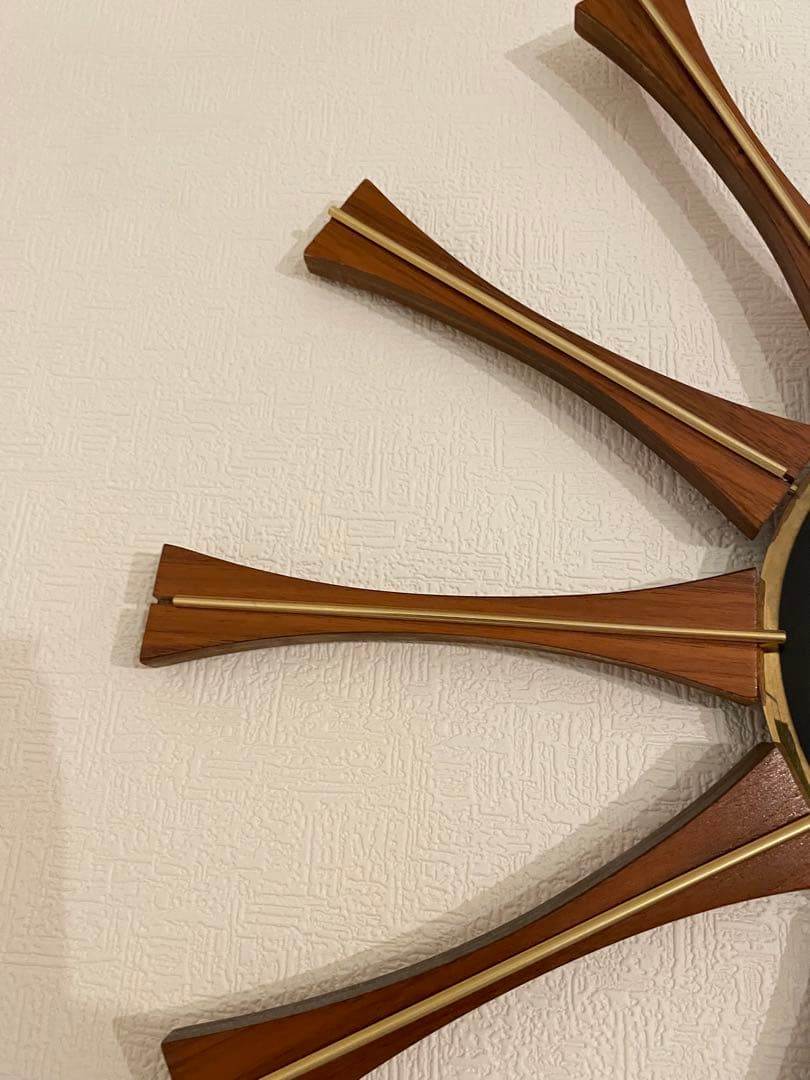 米国 フォレストビル チーク材 真鍮 60s サンバーストクロック 壁掛け時計