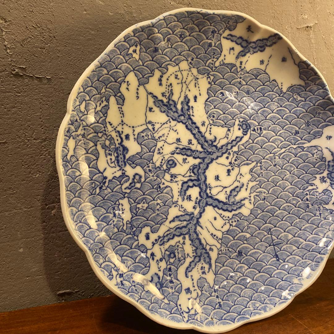 明治 骨董印判皿 22cm 九州地図柄 鉄道路線図 コレクション 稀少