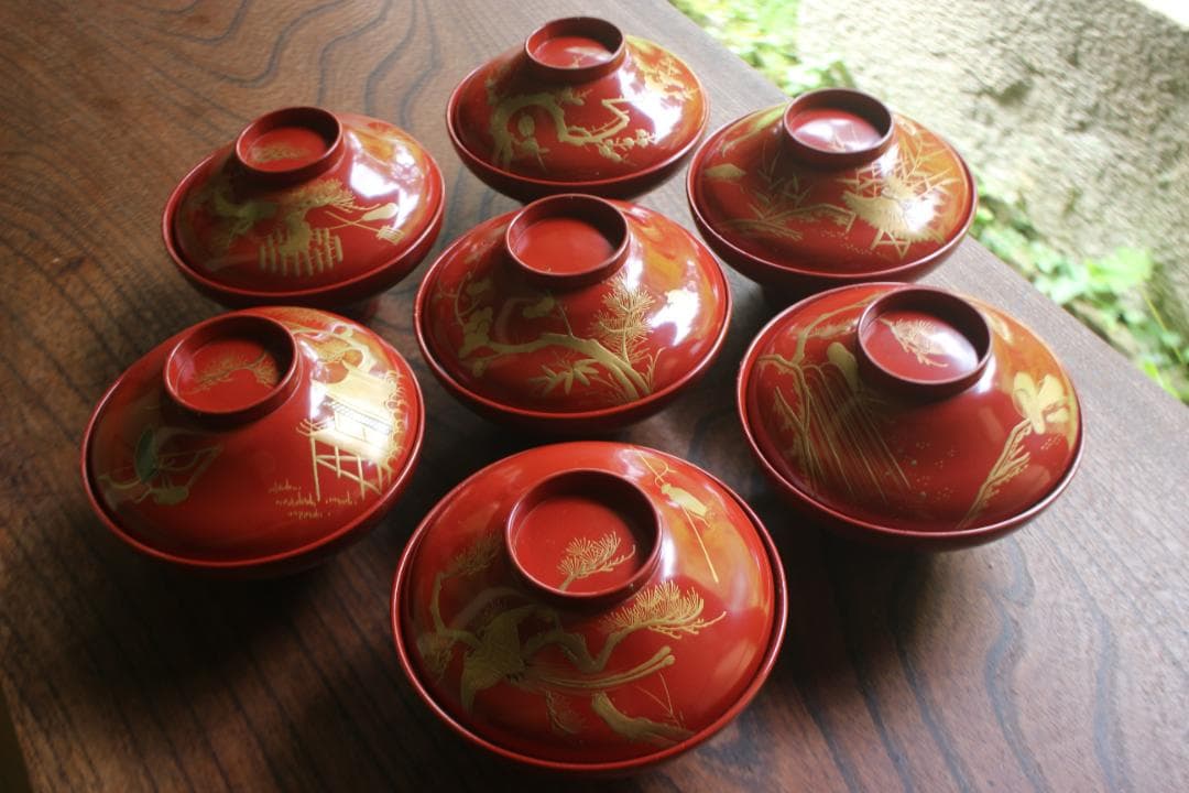 絵柄選択可！時代朱漆に優美な絵替風物蒔絵の映えるお椀7点（検輪島塗蒔絵椀