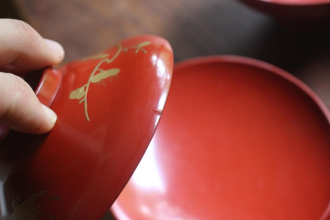 絵柄選択可！時代朱漆に優美な絵替風物蒔絵の映えるお椀7点（検輪島塗蒔絵椀