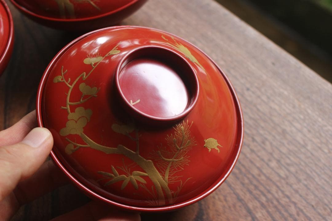 絵柄選択可！時代朱漆に優美な絵替風物蒔絵の映えるお椀7点（検輪島塗蒔絵椀