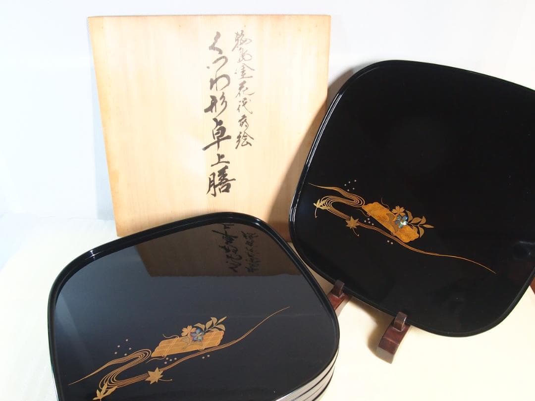 【未使用】輪島塗 曽我路幸 花筏蒔絵 くつわ型卓上膳 5客 懐石膳/会席膳 漆器