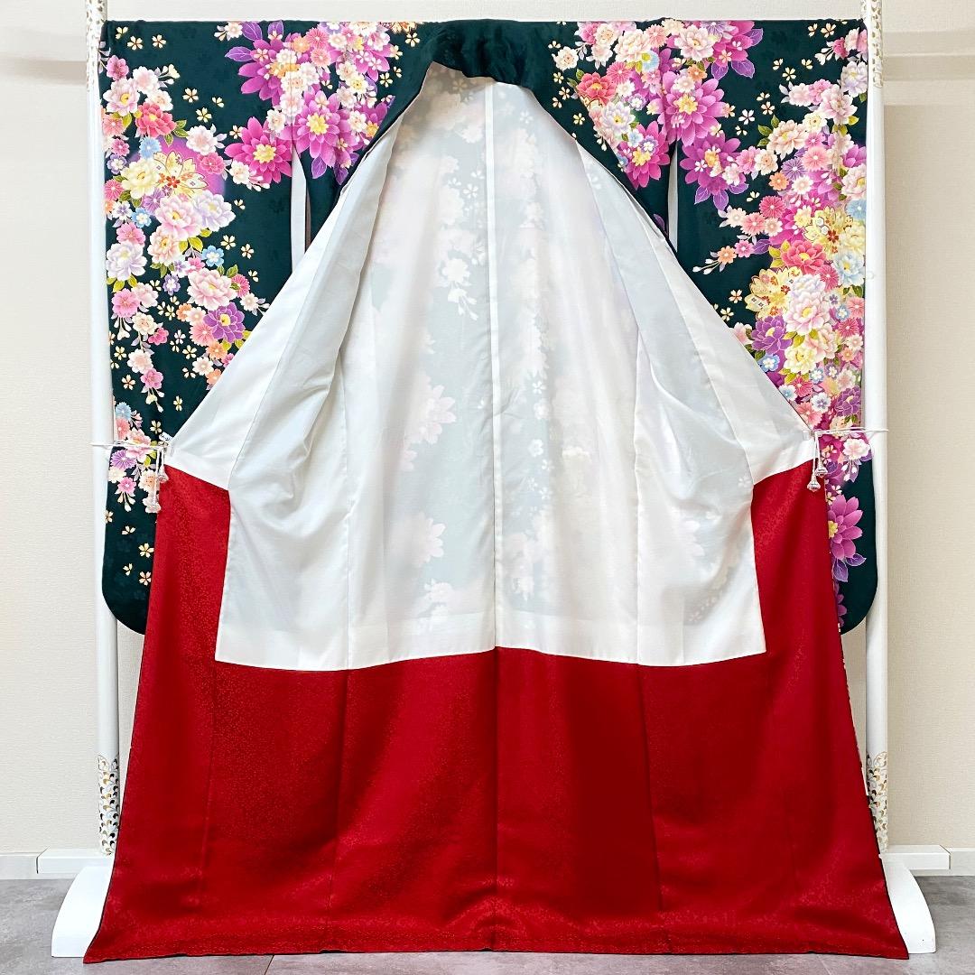 ⭐︎K0690 正絹 振袖 レンタル店放出品 緑 ガード加工 花柄 13号