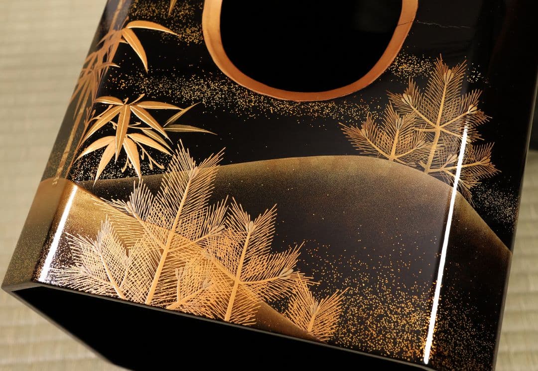 漆芸 松竹梅鶴金蒔絵 花七宝 三宝台 三方台 天然木製漆塗 供物台【MB111】