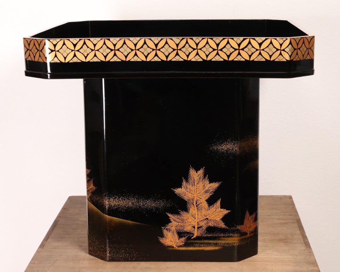 漆芸 松竹梅鶴金蒔絵 花七宝 三宝台 三方台 天然木製漆塗 供物台【MB111】