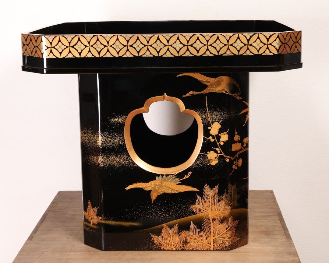 漆芸 松竹梅鶴金蒔絵 花七宝 三宝台 三方台 天然木製漆塗 供物台【MB111】