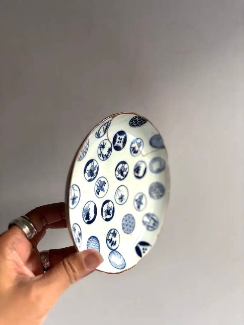 679 骨董 古伊万里 太明成化年製 丸紋染付5寸皿 2点組 幕末 金継ぎ