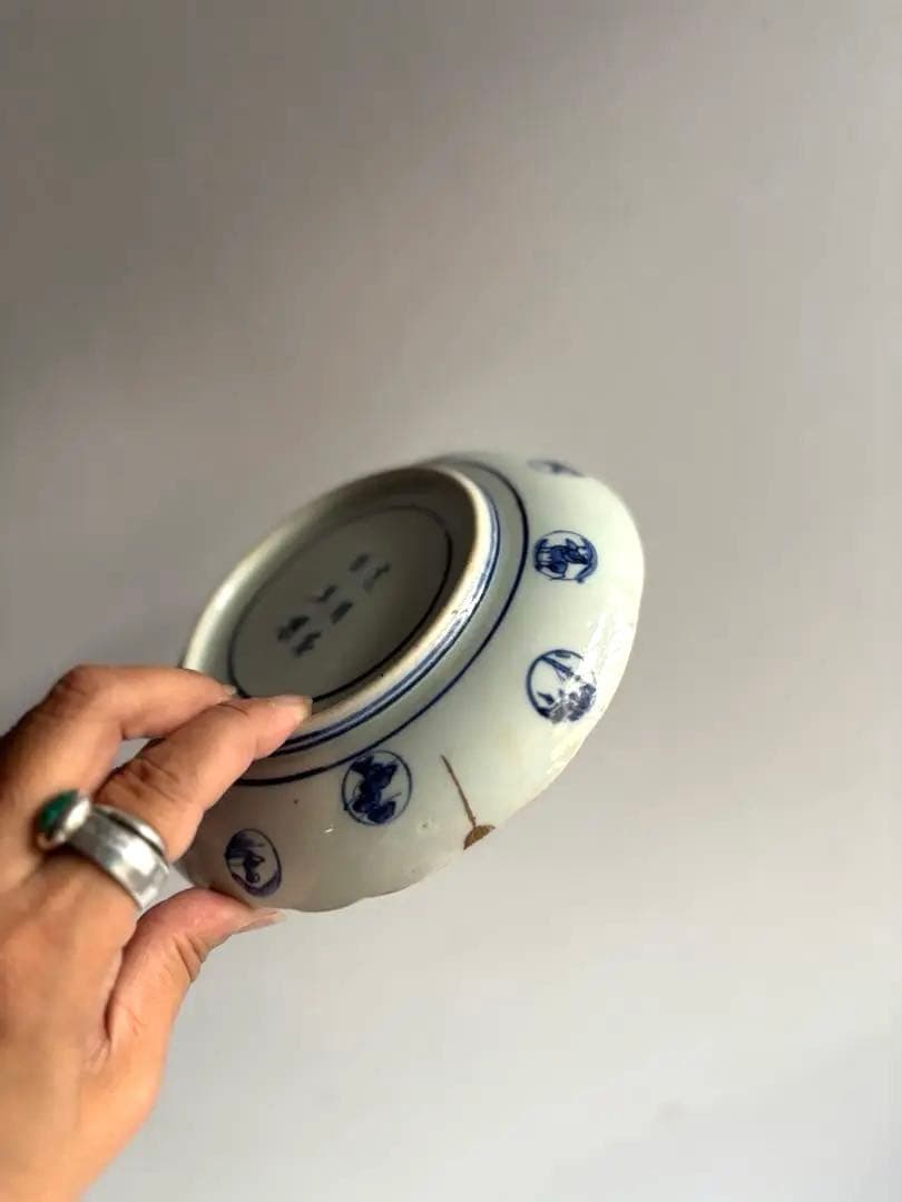 679 骨董 古伊万里 太明成化年製 丸紋染付5寸皿 2点組 幕末 金継ぎ