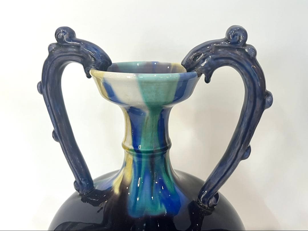 【人間国宝】三代 徳田八十吉 【正彦銘】彩釉 耳付壺 約37.5cm 龍耳