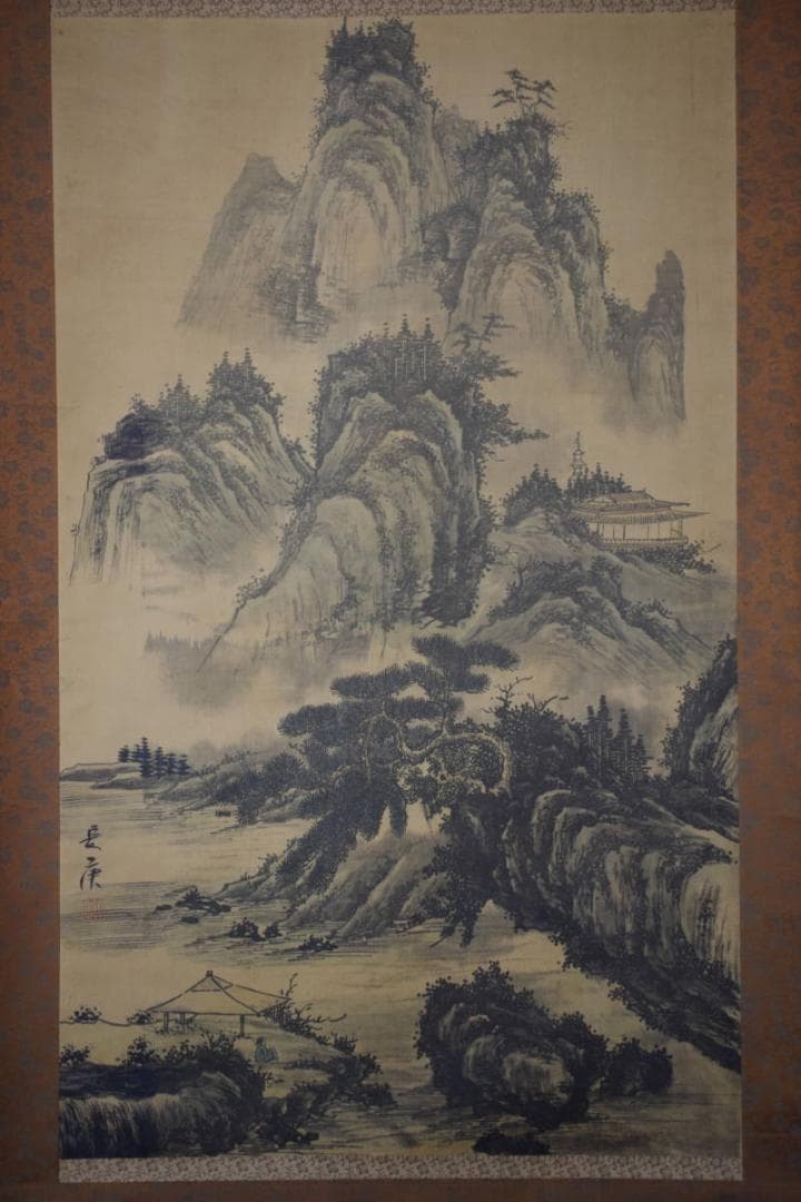 長康/山水人物図/掛軸☆宝船☆Y-814　JM